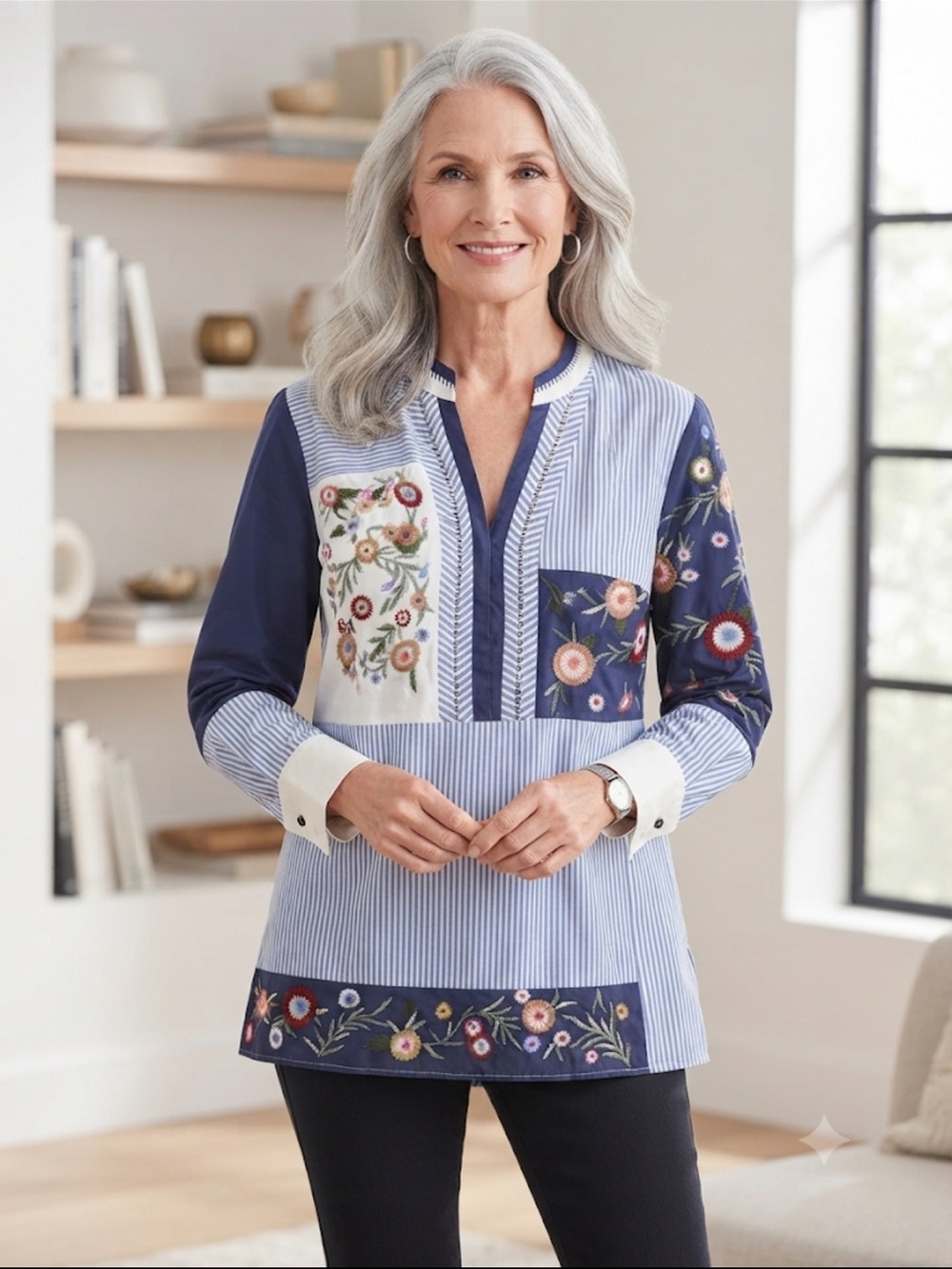 Chico's Bohochic Blue Striped Embroidered Patchwork Split-Neck pullover Tunic